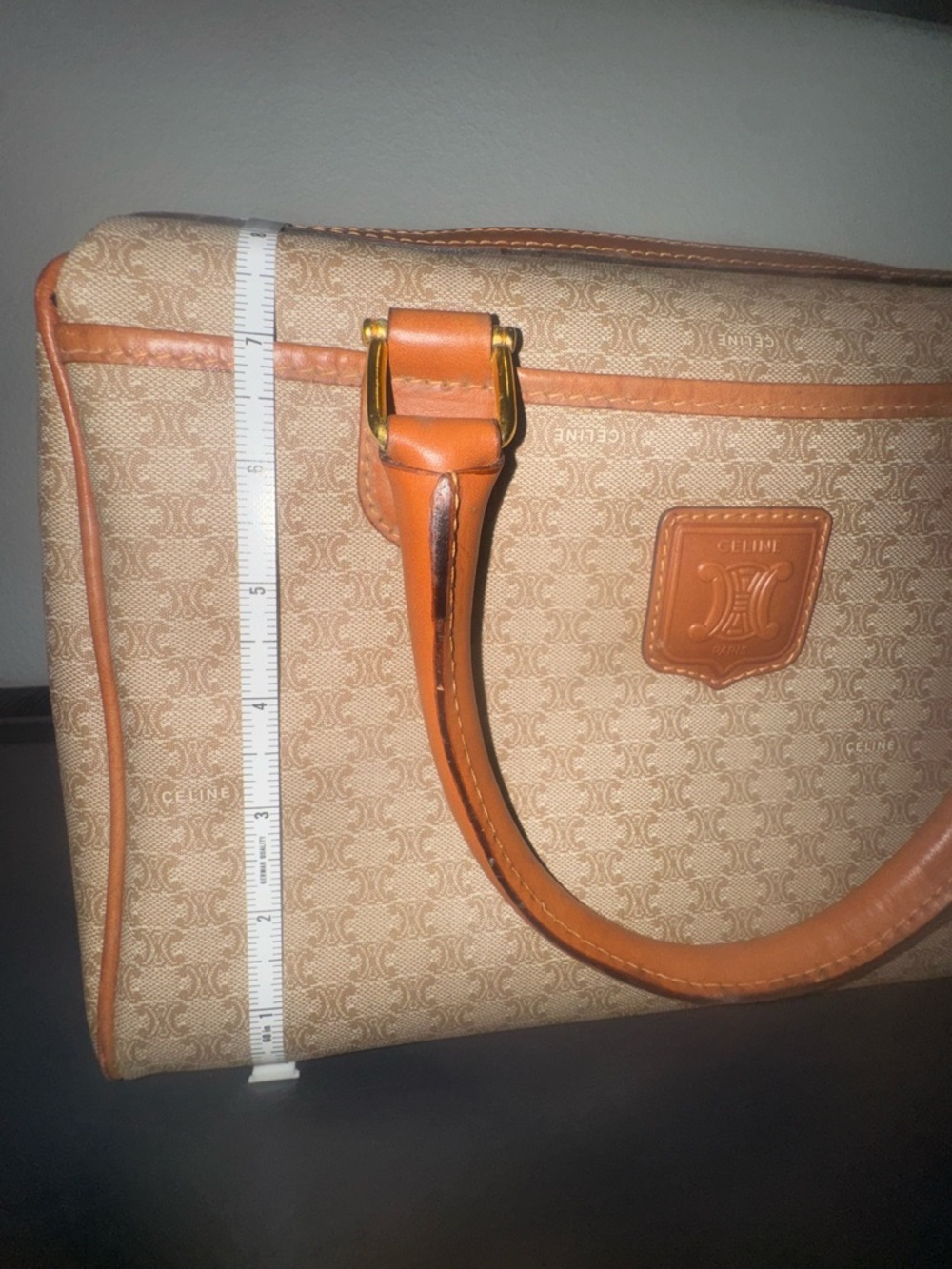 Celine Beige Monogram Macadam Boston Bag with Tan Leather Trim - Picture 15 of 16